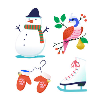 Collection of images to create invitation posters and greeting cards for Christmas and winter holidays. Isolated vector decorations. Outdoor activities and games.