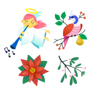 Collection of images to create invitation posters and greeting cards for Christmas and winter holidays. Isolated vector decorations. Red flower, angel singing, bird on tree.