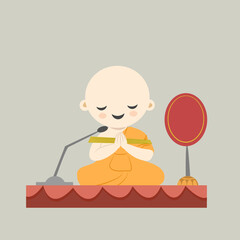 Cute monk cartoon character praying on the stage