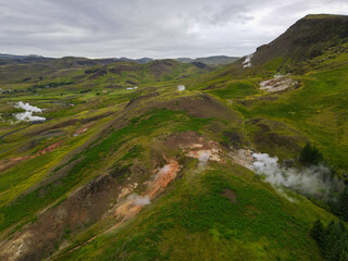 Fototapeta na wymiar Drone view at the geothermal park of Havergerdi in Iceland