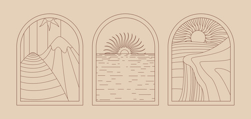 arch, line art in boho style, minimalism, window, landscape, sun, slopes, sea