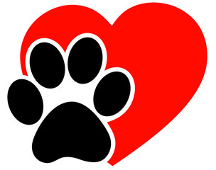 Red heart with pet footprint clipart. Dog print. Animal love logo. Emblem for a pet store or animal shelter. The concept of caring for animals.