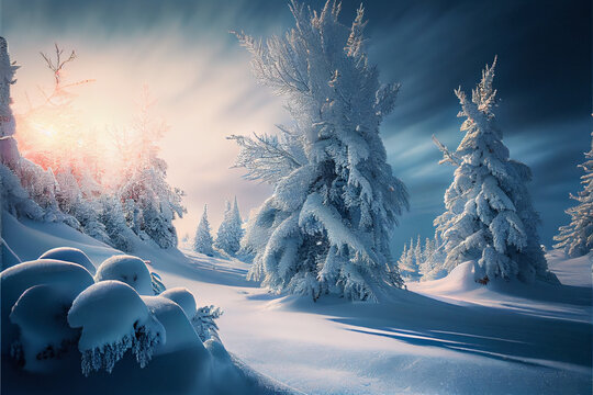 White winter spruces in the snow on a frosty day. Perfect wintry wallpapers magical nature.