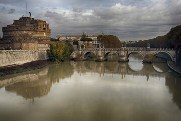 Castel Sant'Angelo and the Sant'Angelo bridge during sunny day in Rome
