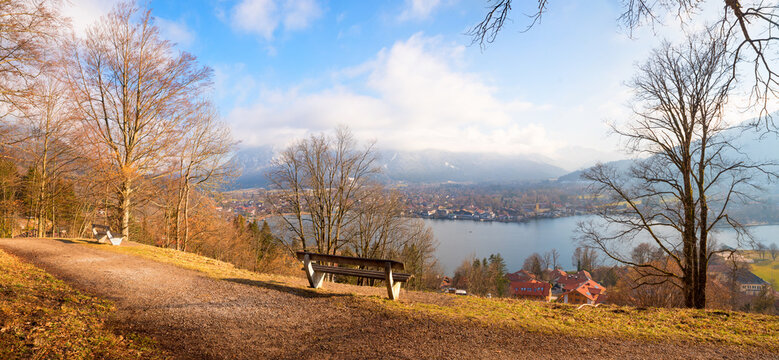 lookout point Leeberg hill, view to lake Tegernsee, early springtime in march