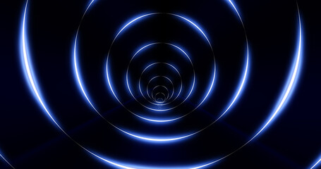 Tunnel of round blue glowing bright neon rings. Abstract background