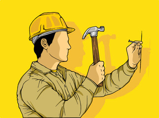 Line art hand-drawn illustration of a construction worker and architect, repairman and engineer, and industrial worker in uniform. Project manager, and employees in helmets, isolated