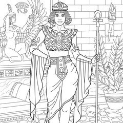 Fototapeta na wymiar Portrait of beautiful Egyptian woman. Adult coloring book page in mandala style.