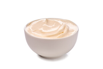 Homemade mayonnaise in bowl on white background