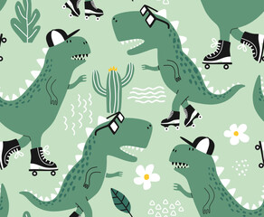 Seamless pattern with cute dinosaurs on roller skater.