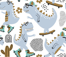 Seamless pattern with cute dinosaurs on roller skater. © andin