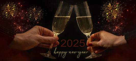 Happy new Year 2025 Sylvester New Year's eve celebration holiday banner greeting card - Toast with sparkling wine or champagne glasses and firework in the background
