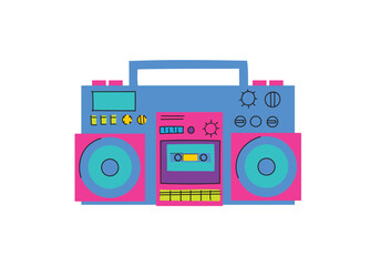 Boombox illustration. Cassette player. Retro cassette recorder. Music player. 90s style vector. 1990s trendy illustration. Nostalgia for the 90s.
