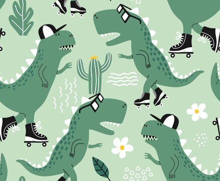 Seamless pattern with cute dinosaurs on roller skater. © andin