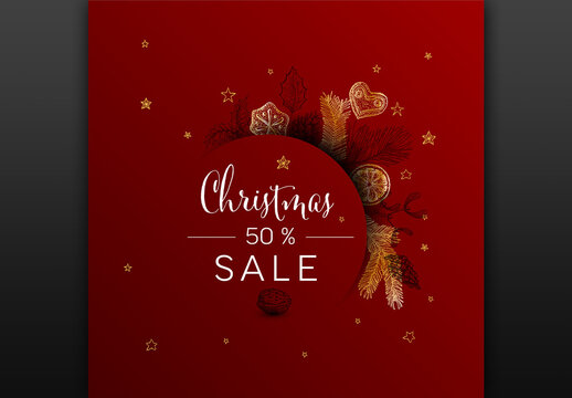 Vector dark red vintage hand drawn Christmas sale card banner with golden gray elements