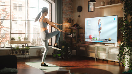 Active Girl Workout, Watching Personal Trainer through Online Video Tutorial while Training at Home. Athletic Fit Woman Using Technology, Streaming Service Fitness Subscription for Virtual Training