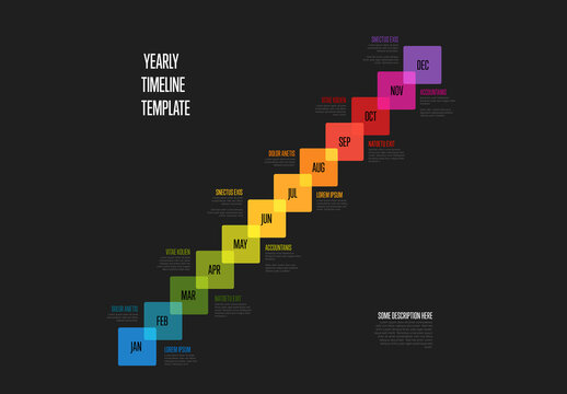 Dark Full year timeline template with diagonal 12 month labels made from rainbow squares