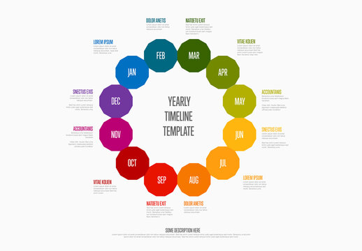 Full year timeline template with 12 month in rainbow circle