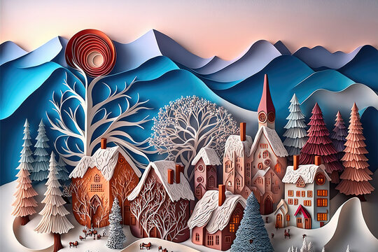 AI generated image of a small European village decked up for Christmas made from paper quilling. Santa's village