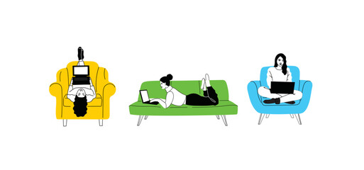 Girls sitting on sofa at home. Women with laptop on the couch. Freelance or studying concept. Female character, chatting online using laptop, resting