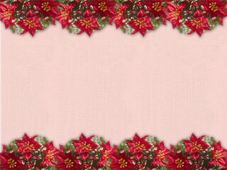 Winter canvas background with poinsettia on both sides. Canvas texture. Christmas, New Year.