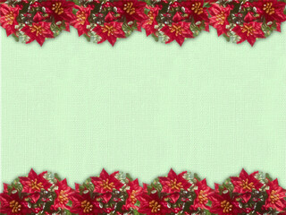 Winter canvas background with poinsettia on both sides. Canvas texture. Christmas, New Year.