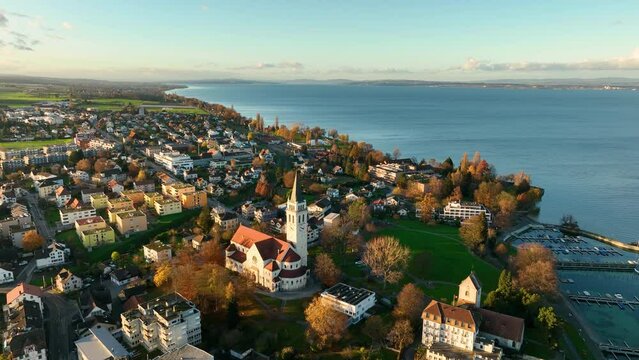 Aerial view of Romanshorn, a town along Lake Constance, Switzerland view at sunset