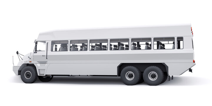 Bus to transport workers to hard to reach areas. 3D illustration.