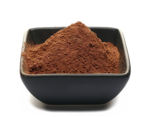 Pile cocoa powder in porcelain bowl isolated on white  