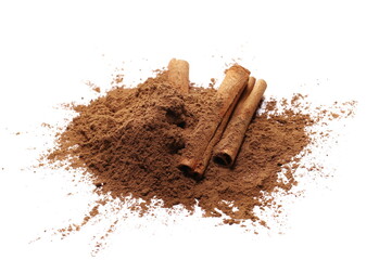 Cinnamon sticks and pile cocoa powder isolated on white  