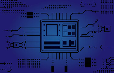 Central Processing Circuit Connect Microchip processor technology on dark blue background. Information Processing Function Concept. Circuit board hi-tech technology background. vector illustration