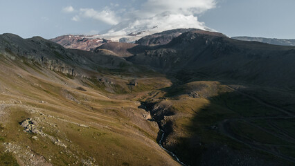 view of the snow-capped peak of Elbrus from a drone