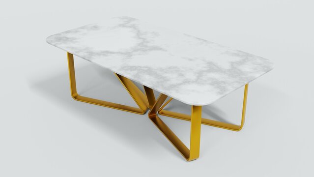 White Marble Dining Table With Shiny Golden Minimalist Legs On White Background