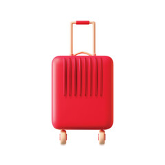 3d Red Plastic Travel Suitcase with Wheels Plasticine Cartoon Style Isolated on a White Background. Vector illustration