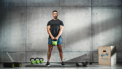 Online Workout Service: Professional Trainer Explaining Exercise, Video Tutorial, Virtual Training. Handsome Black Athletic Coach Teaching, Showing How to Use Kettlebell. Screen Replacement