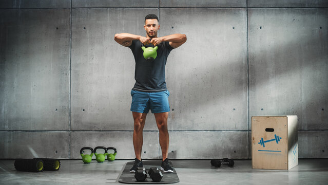 Online Workout Service: Professional Trainer Explaining Exercise, Video Tutorial, Virtual Training. Handsome Black Athletic Coach Teaching, Showing How to Use Kettlebell. Screen Replacement