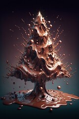Christmas tree made of milk chocolate, splash of liquid, golden lighting 