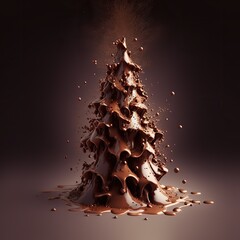 Christmas tree made of milk chocolate, splash of liquid, golden lighting 
