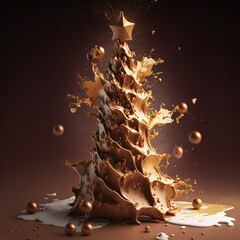 Christmas tree made of milk chocolate, splash of liquid, golden lighting 