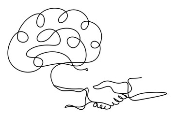Abstract handshake with brain as line drawing on white background. Vector