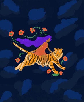 Girl with purple hair riding tiger