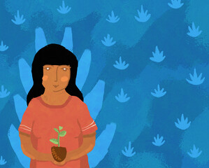 Cartoon woman with green plant
