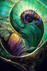 background in peacock colors, fictional seashell nautilus, beautiful iridescent colors, background, illustration, digital