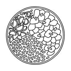 Bulgogi Korean dish, vector outline illustration. Rice, meat, cucumbers