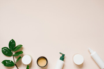 Minimal composition with skin care cosmetics and green on a pastel beige background. Flat lay, copy space.