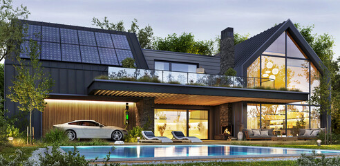 Night view of modern house with solar panels and swimming pool
