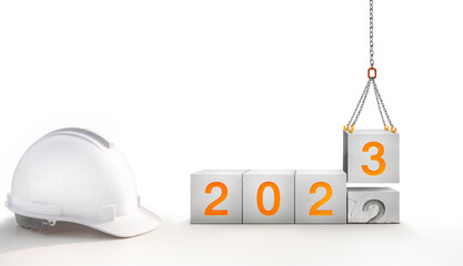 The year 2023 in the concrete cube. The construction crane is lifting the new number 3 to replace...