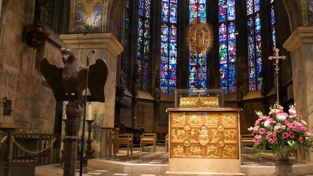 Aachen, Germany - October 10, 2022: Beautiful vintage stained glass windows inside in front of the altar of the ancient Aachen Cathedral