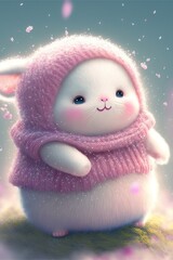 Obraz na płótnie Canvas Fluffy rabbit. Cute little rabbit wearing a sweater in the falling snow.