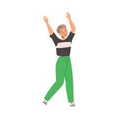 Young Man Character Raising Hands in Triumph Showing Hand Gesture Expressing Positive Emotion Vector Illustration